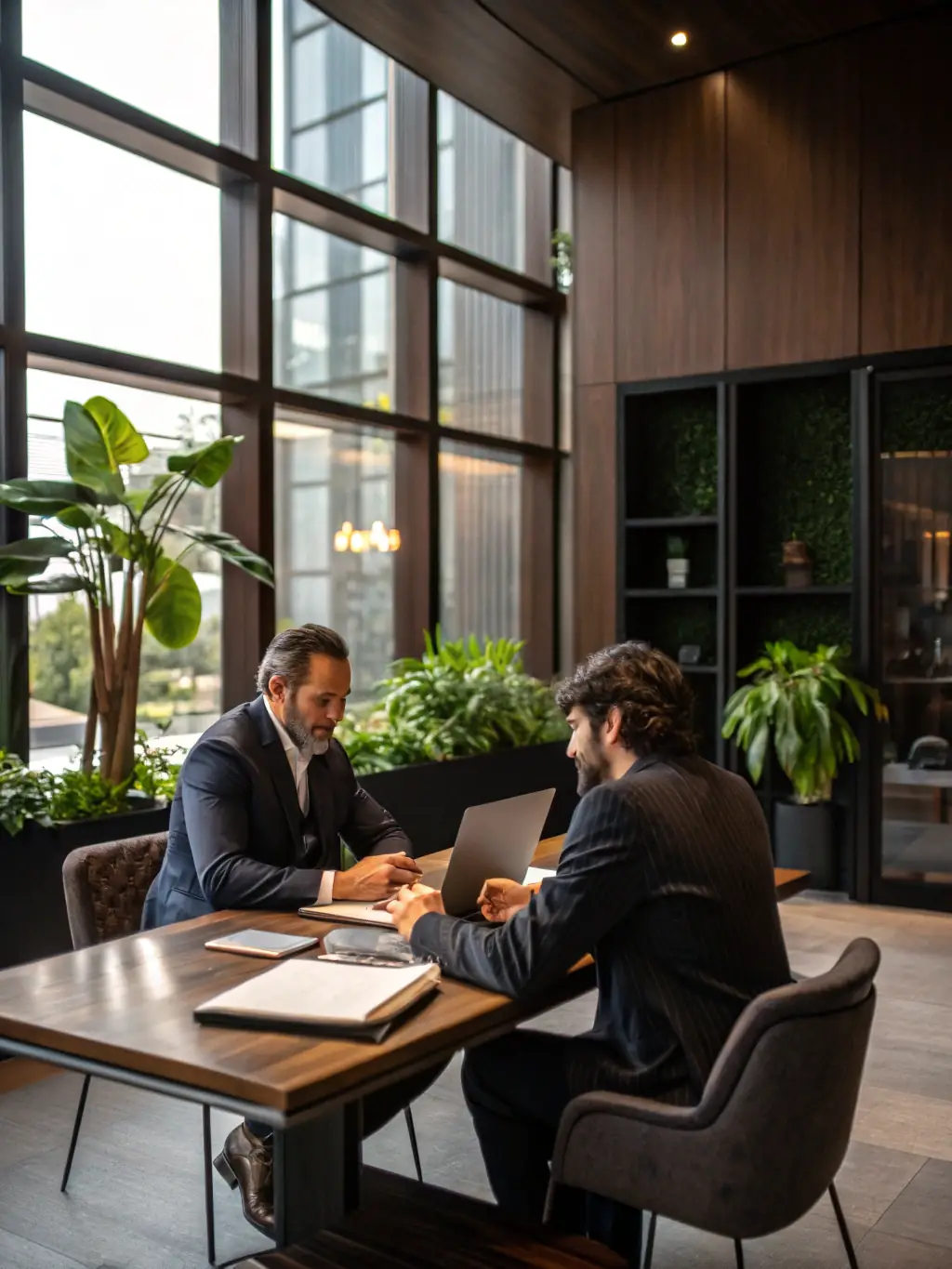 A consultant reviewing financial documents with a client in a modern office setting, emphasizing personalized financial advice.
