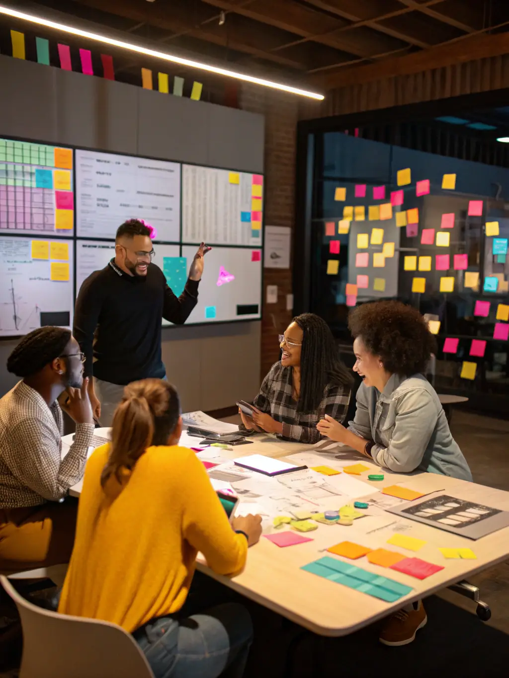 A team of marketing professionals brainstorming ideas around a table, showcasing collaborative marketing strategy development.