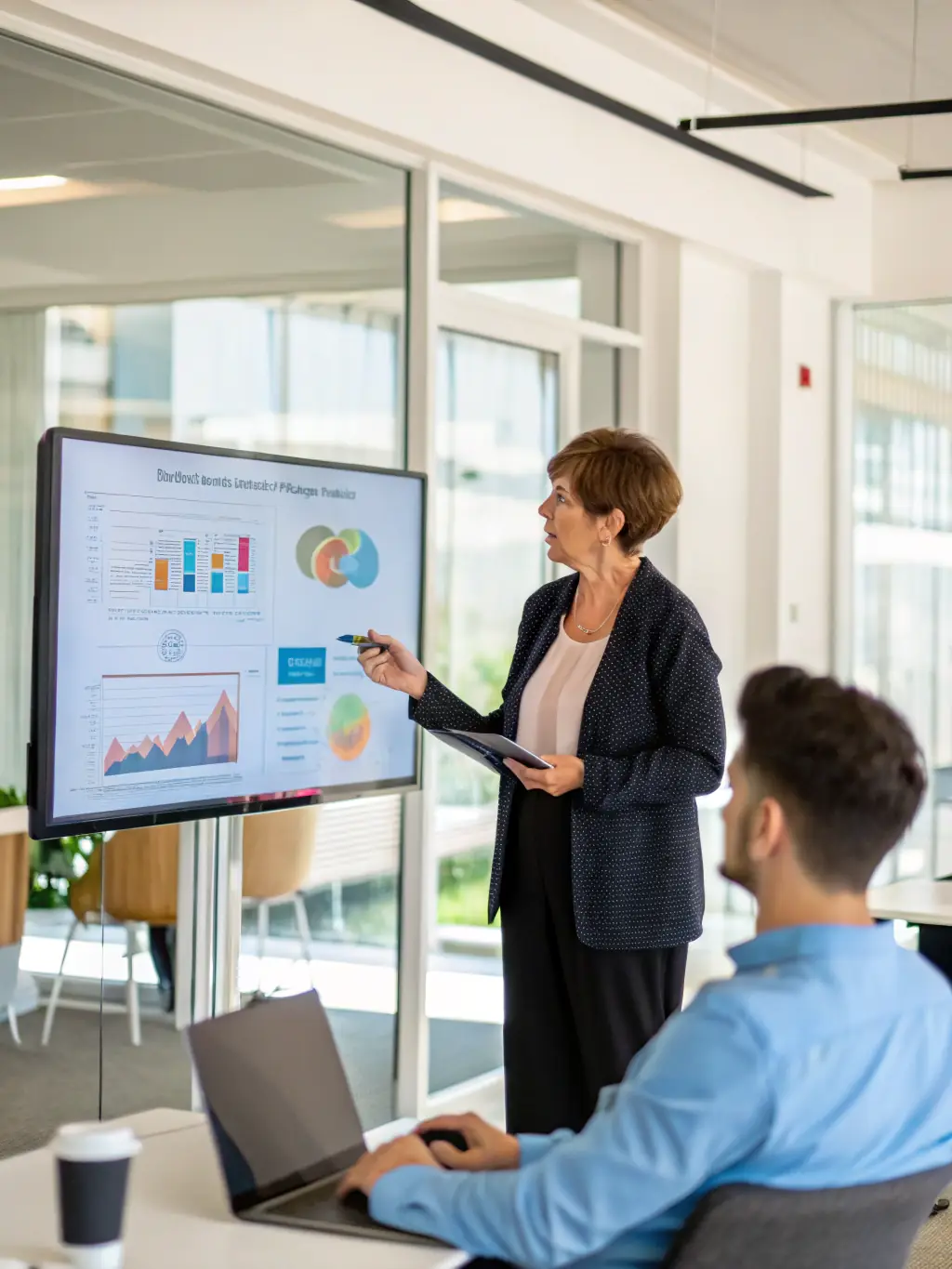 A professional marketing consultant presenting a data-driven marketing strategy on a large screen to a client in a modern office setting, emphasizing analytical insights and strategic planning.
