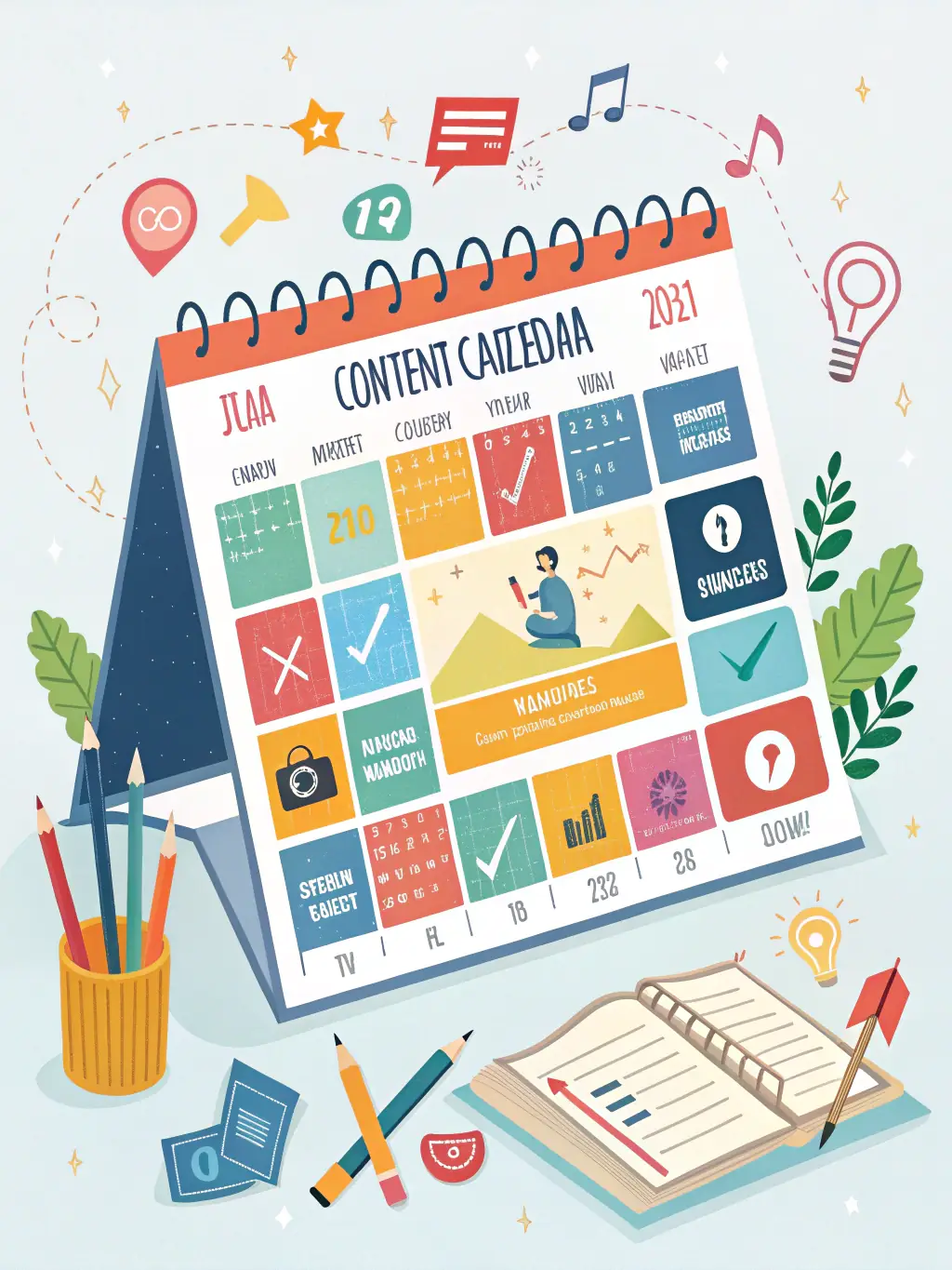 A dynamic and informative content marketing calendar, showcasing a variety of content formats, strategic distribution channels, and targeted keywords for SEO optimization.