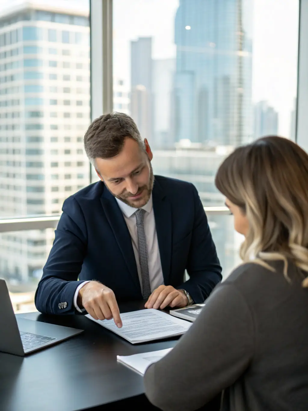 A financial advisor sitting at a desk, reviewing financial documents with a client in a modern office setting. The scene conveys trust and expertise.